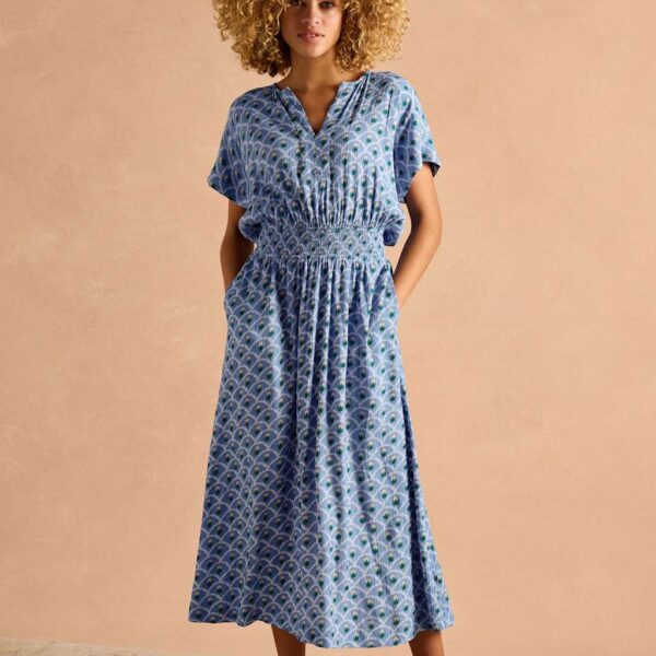 Joules Women's Floral Notch Neck Midaxi Waisted Dress - 22 - Blue Mix, Blue Mix