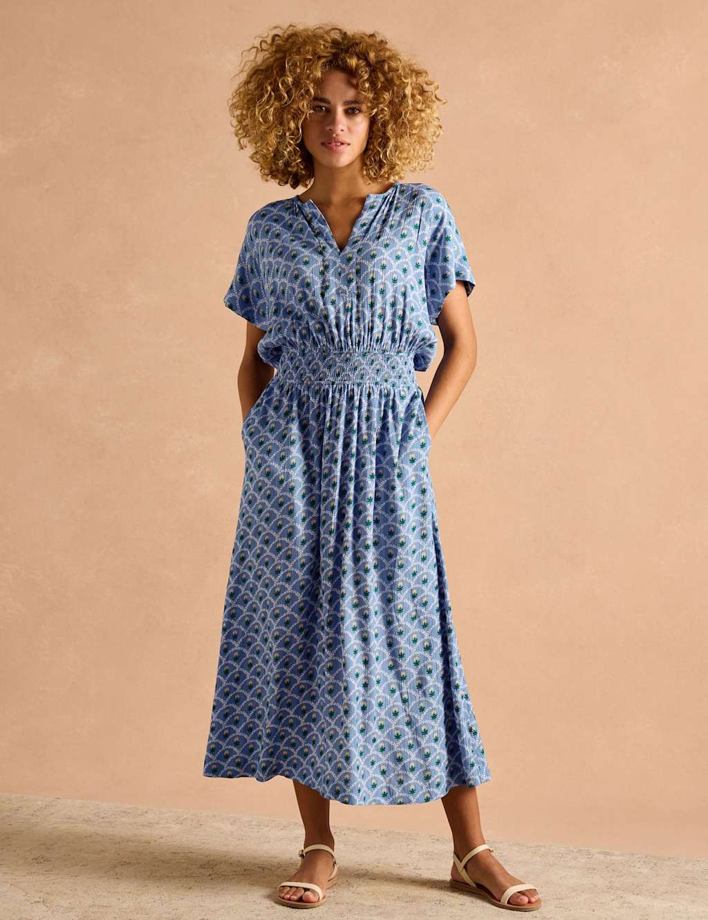 Joules Women's Floral Notch Neck Midaxi Waisted Dress - 22 - Blue Mix, Blue Mix