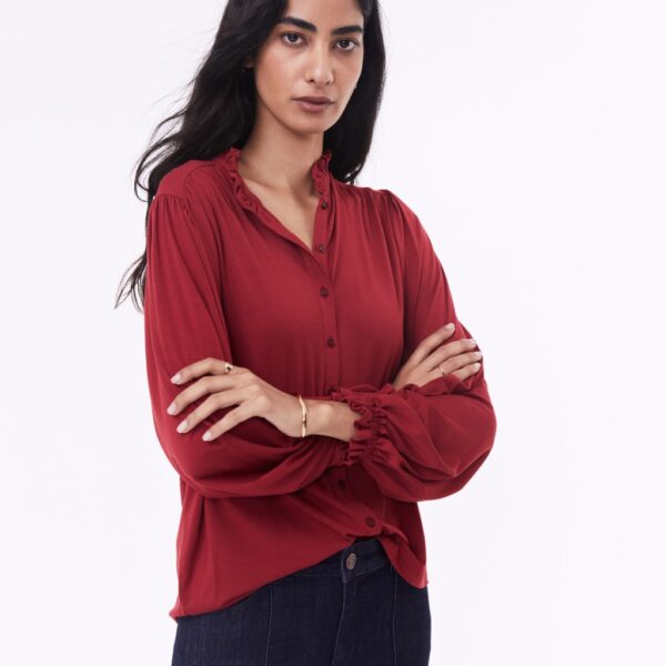 Baukjen Women's High Neck Frill Detail Button Through Blouse - 16 - Red, Red