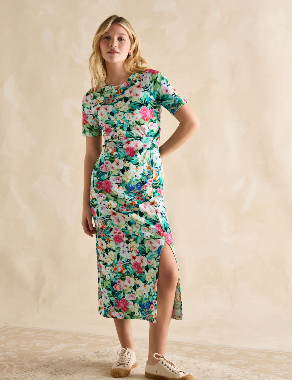 Joules Women's Jersey Floral Twist Front Midaxi T-Shirt Dress - 12 - Multi, Multi