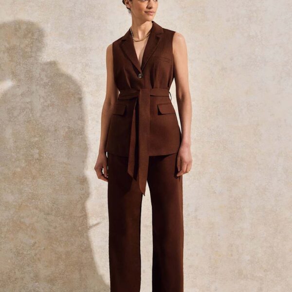Ro&Zo Women's Linen Rich V-Neck Tie Front Waistcoat - 12REG - Brown, Brown