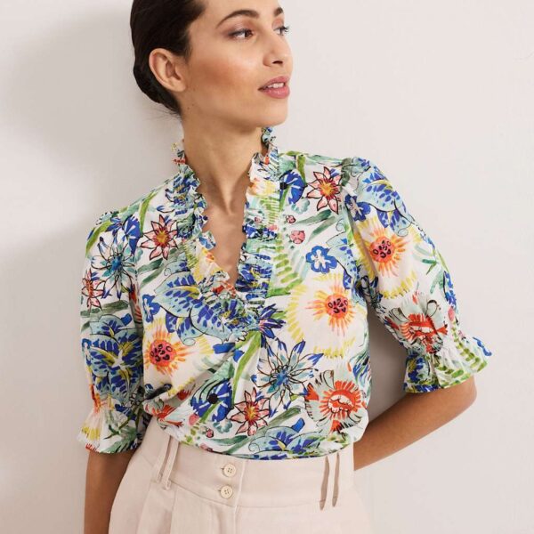 Phase Eight Women's Pure Cotton Floral V-Neck Blouse - 24REG - Ivory Mix, Ivory Mix