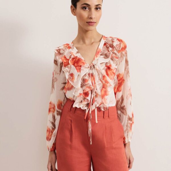 Phase Eight Women's Printed Tie Neck Blouse - 14REG - Orange Mix, Orange Mix