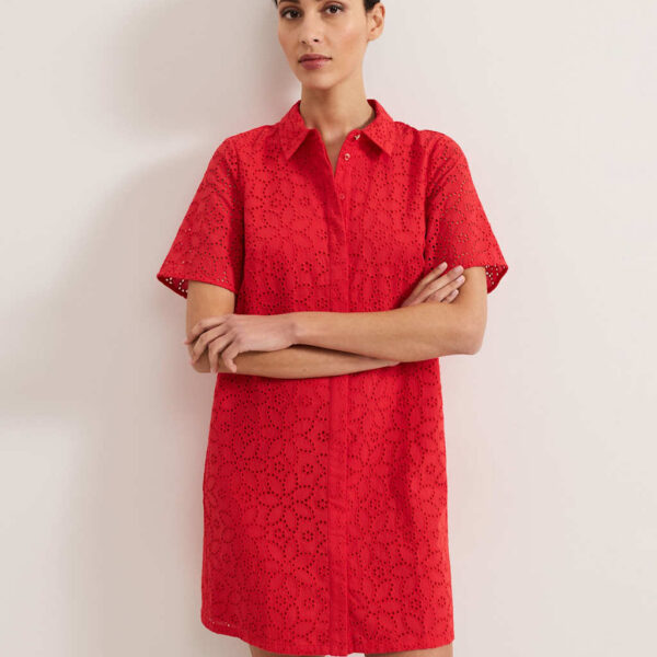 Phase Eight Women's Pure Cotton Floral Broderie Mini Shirt Dress - 14REG - Red, Red