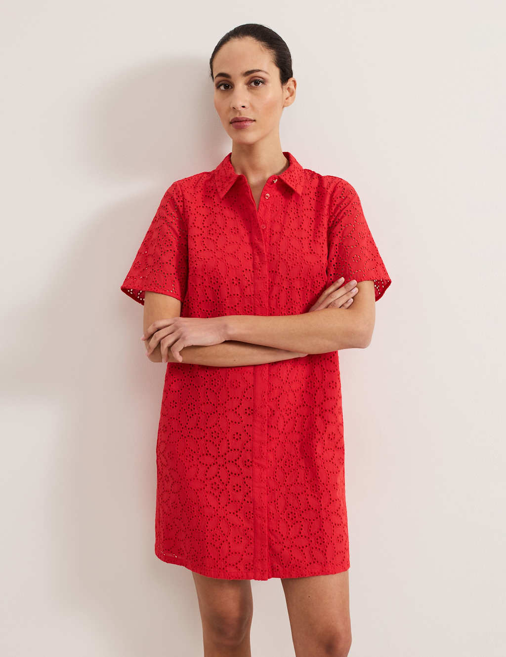 Phase Eight Women's Pure Cotton Floral Broderie Mini Shirt Dress - 14REG - Red, Red