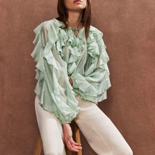 Ro&Zo Women's Lyocell Rich Tie Neck Ruffle Sleeve Blouse - 12REG - Green, Green