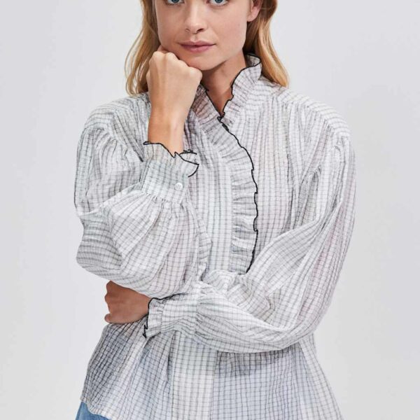 Ro&Zo Women's Lyocell Rich Checked Frill Detail Blouse - 12REG - White Mix, White Mix