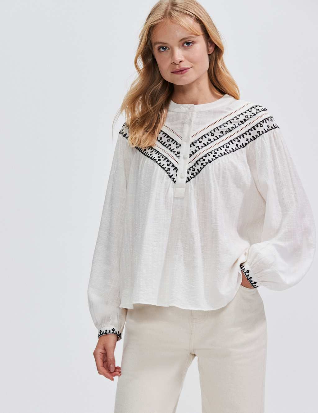 Ro&Zo Women's Cotton Rich Embroidered Relaxed Blouse - 12REG - Ivory Mix, Ivory Mix