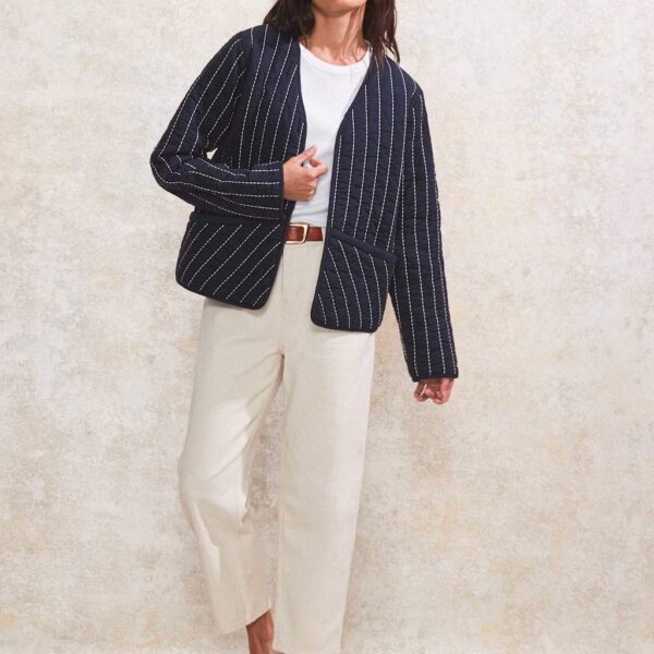 Ro&Zo Women's Pure Cotton Striped Padded Jacket - MREG - Navy Mix, Navy Mix,Cream Mix