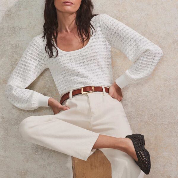 Ro&Zo Women's Pointelle Scoop Neck Knitted Top - MREG - Ivory, Ivory