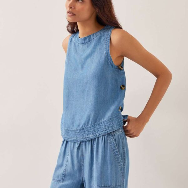 Monsoon Women's Pure Lyocell Slash Neck Button Detail Top - XL - Blue Denim, Blue Denim