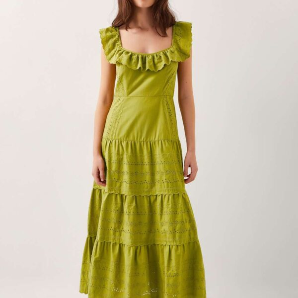 Monsoon Women's Pure Cotton Broderie Square Neck Tiered Dress - 24 - Green, Green