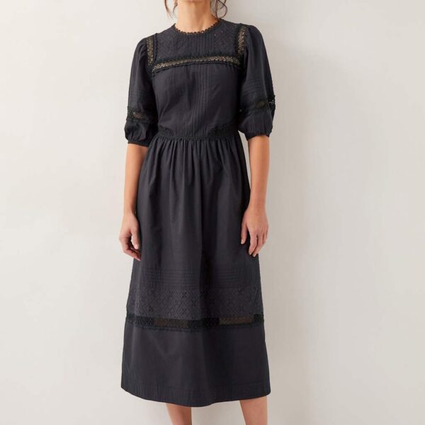 Monsoon Women's Pure Cotton Broderie Midi Waisted Dress - 22 - Black, Black