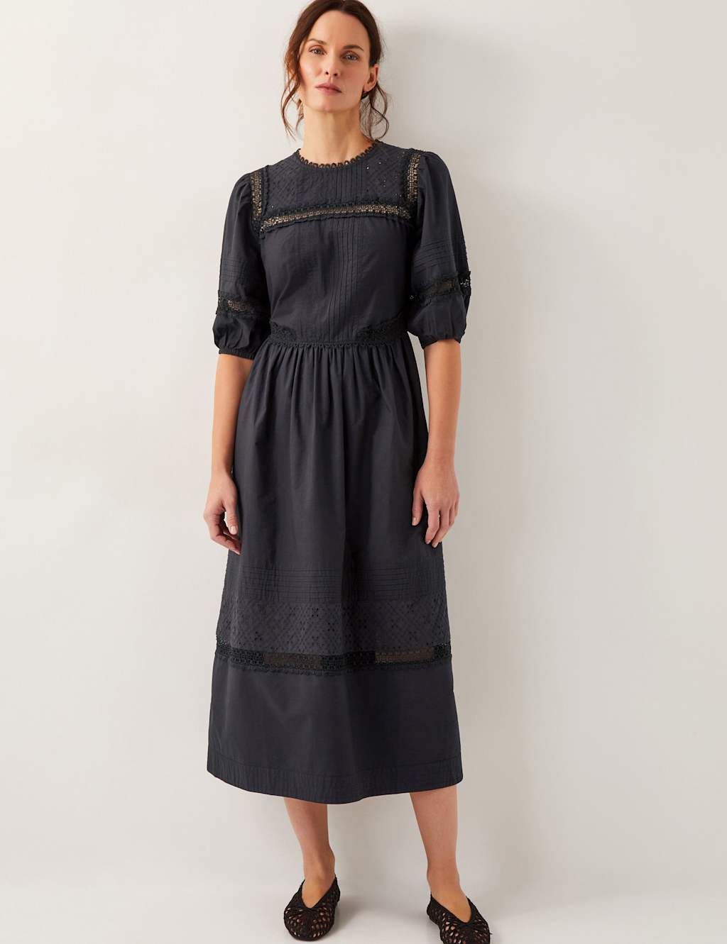Monsoon Women's Pure Cotton Broderie Midi Waisted Dress - 22 - Black, Black