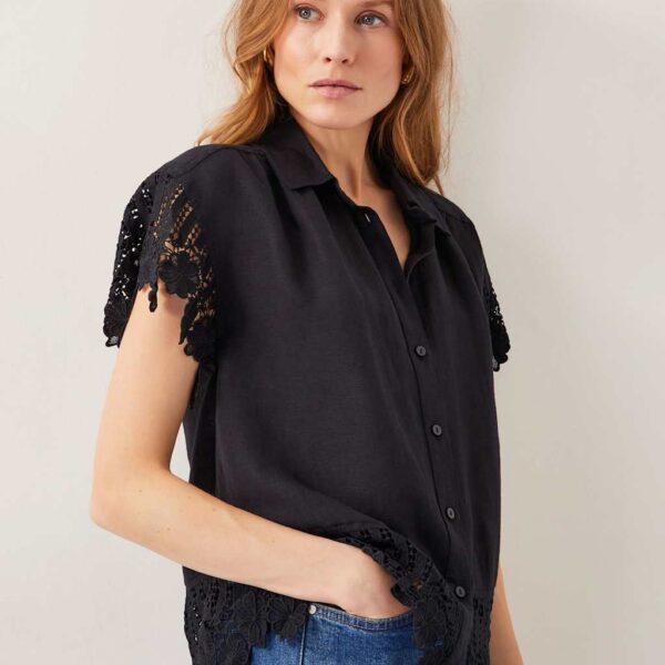 Monsoon Women's Linen Blend Embroidered Broderie Shirt - XXL - Black, Black