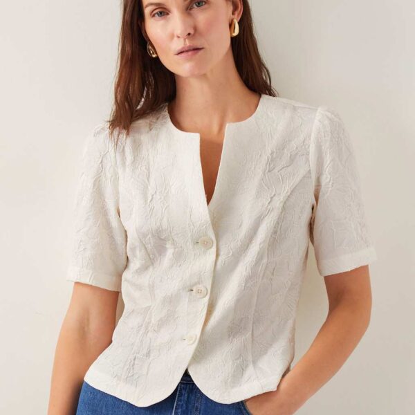 Monsoon Women's Jacquard Notch Neck Blouse - 24 - Ivory, Ivory