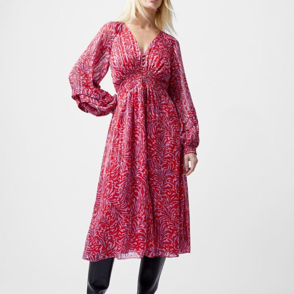 French Connection Women's Jacquard V-Neck Midi Waisted Dress - 8 - Red Mix, Red Mix