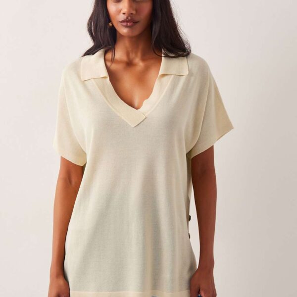 Monsoon Women's Knitted Collared V-Neck Top with Linen - S - Yellow, Yellow,Khaki