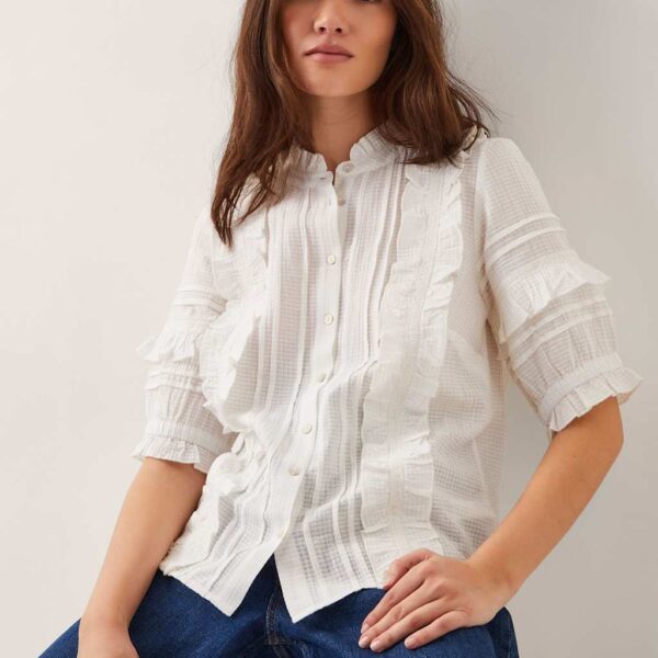 Monsoon Women's Pure Cotton Frill Detail Blouse - M - Ivory, Ivory