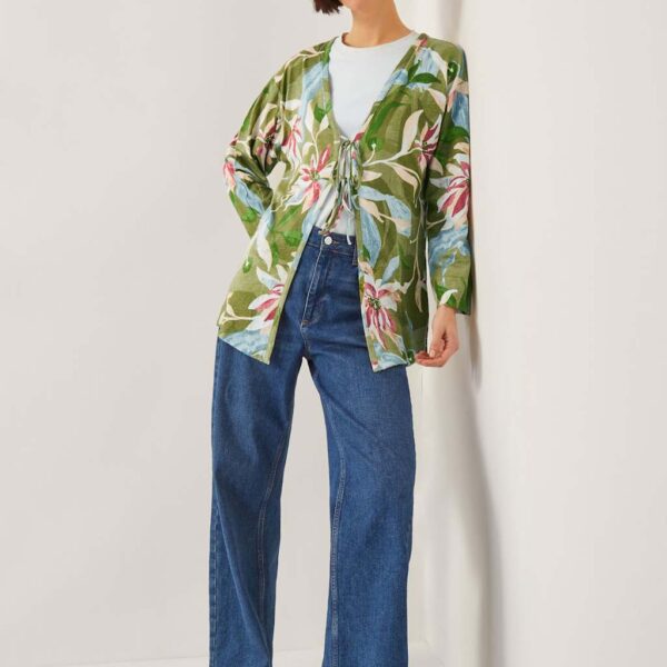 Monsoon Women's Linen Rich Floral Tie Front Shirt - Khaki Mix, Khaki Mix