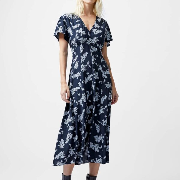 French Connection Women's Floral Print V-Neck Midi Tea Dress - 8 - Navy Mix, Navy Mix