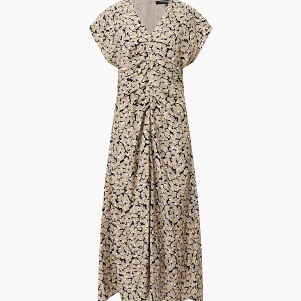 French Connection Women's Printed V-Neck Draped Midi Waisted Dress - 12 - Green, Green