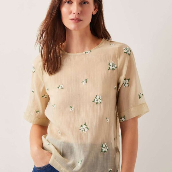 Monsoon Women's Sheer Embroidered Floral Top - 20 - Gold Mix, Gold Mix