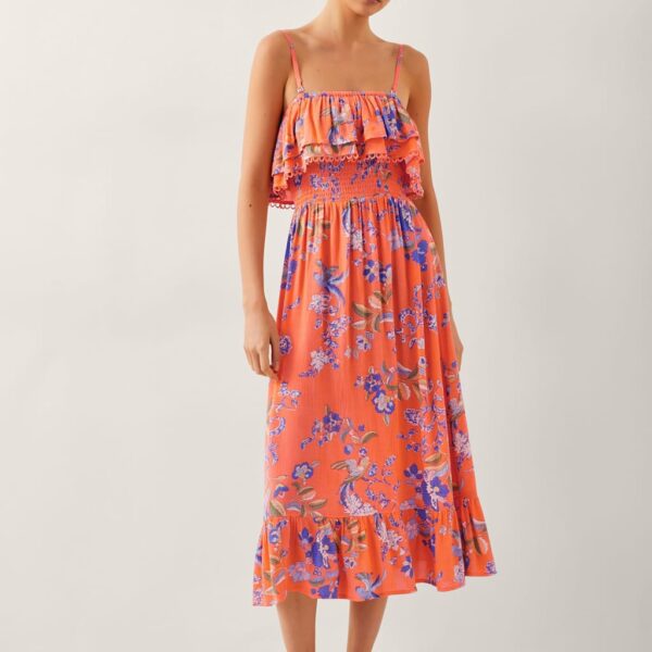 Monsoon Women's Floral Square Neck Midi Waisted Dress - Orange Mix, Orange Mix