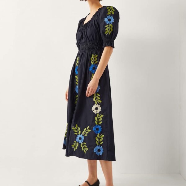 Monsoon Women's Pure Cotton Embroidered Midi Waisted Dress - L - Black Mix, Black Mix