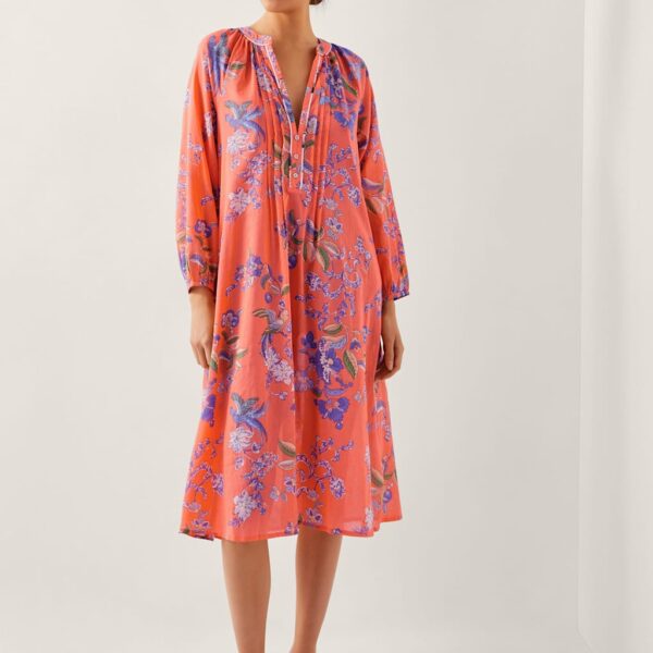 Monsoon Women's Pure Cotton Floral Midi Tea Dress - Orange Mix, Orange Mix