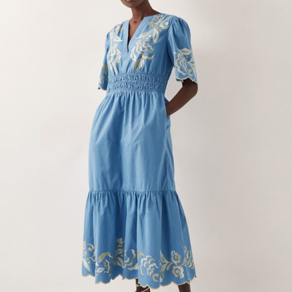 Monsoon Women's Pure Cotton Embroidered Midi Waisted Dress - Blue Mix, Blue Mix