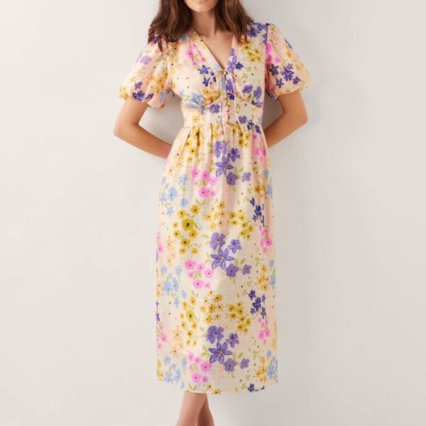 Monsoon Women's Floral V-Neck Midi Waisted Dress - 24 - Ivory Mix, Ivory Mix