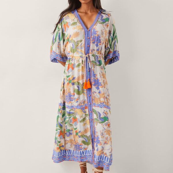 Monsoon Women's Floral V-Neck Midi Waisted Dress - XXL - Ivory Mix, Ivory Mix