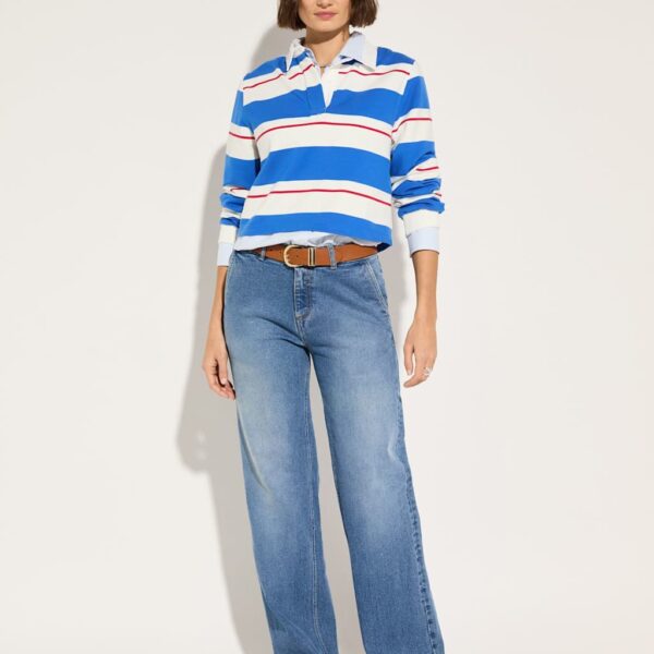 Baukjen Women's Cotton Rich Colour Block Crop Rugby Top - 12 - Blue, Blue