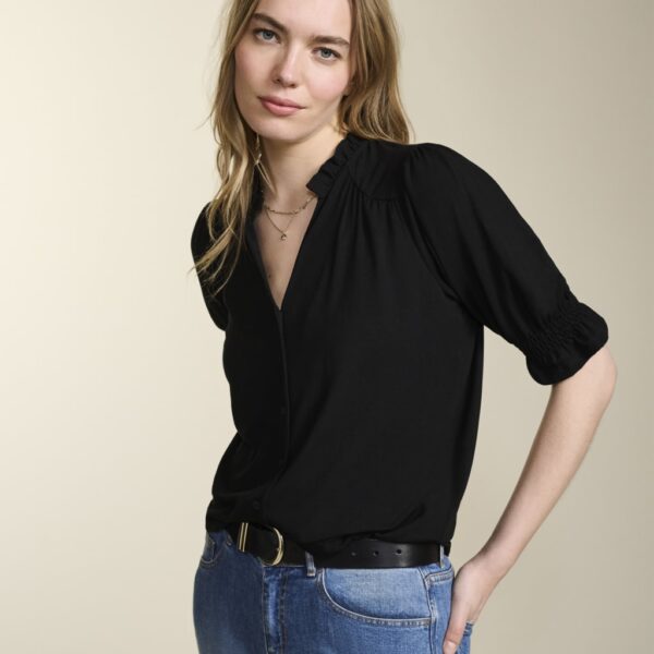 Baukjen Women's Notch Neck Frill Detail Blouse - 16 - Black, Black,White,Light Pink