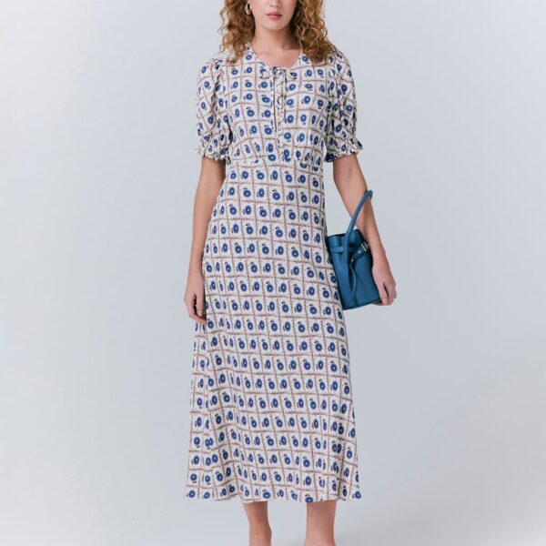 Ghost Women's Crepe Floral Tie Neck Midi Smock Dress - Brown Mix, Brown Mix