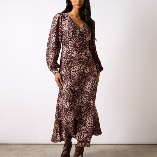 Ro&Zo Women's Animal Print V-Neck Midi Tea Dress - 14REG - Pink Mix, Pink Mix