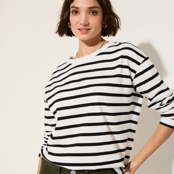 Baukjen Women's Pure Cotton Striped Crew Neck Relaxed Top - 16 - Black Mix, Black Mix