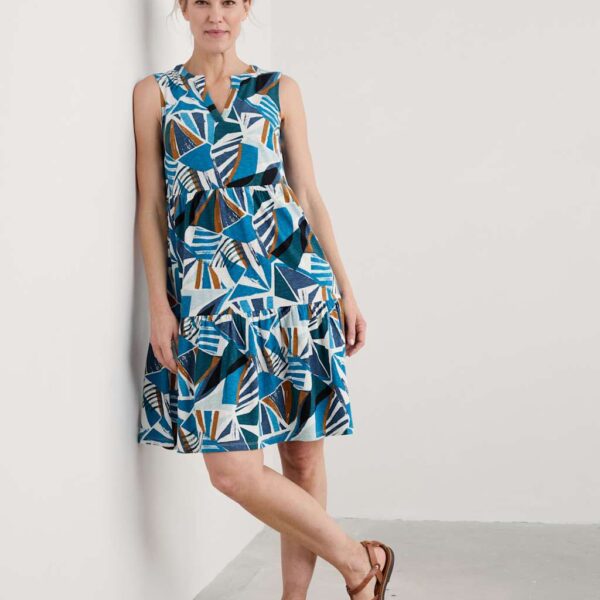 Seasalt Cornwall Women's Pure Cotton Geometric Notch Neck Dress - 12REG - Blue Mix, Blue Mix