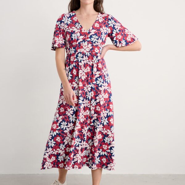 Seasalt Cornwall Women's Pure Cotton Floral V-Neck Midaxi Waisted Dress - 12REG - Red Mix, Red Mix