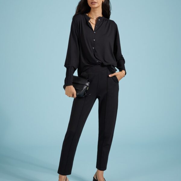 Baukjen Women's Collarless Pleat Detail Relaxed Blouse - 16 - Black, Black