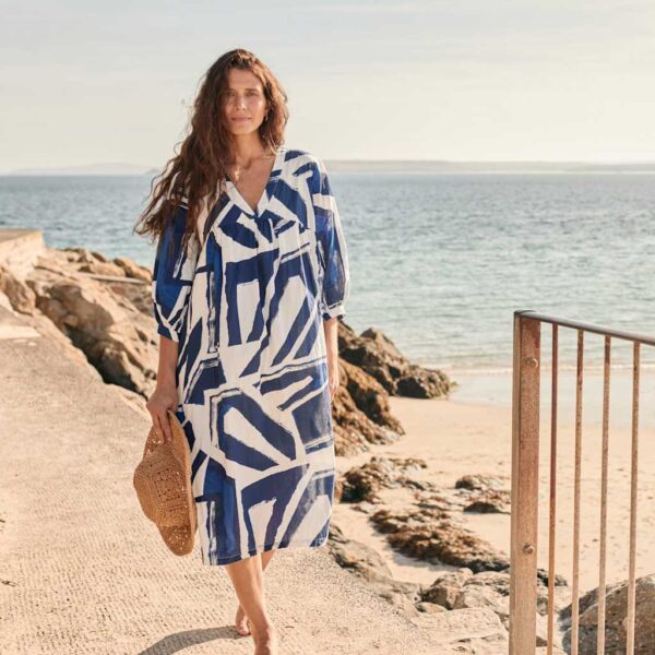 Seasalt Cornwall Women's Pure Cotton Geometric Midi Waisted Dress - 14 - Blue Mix, Blue Mix