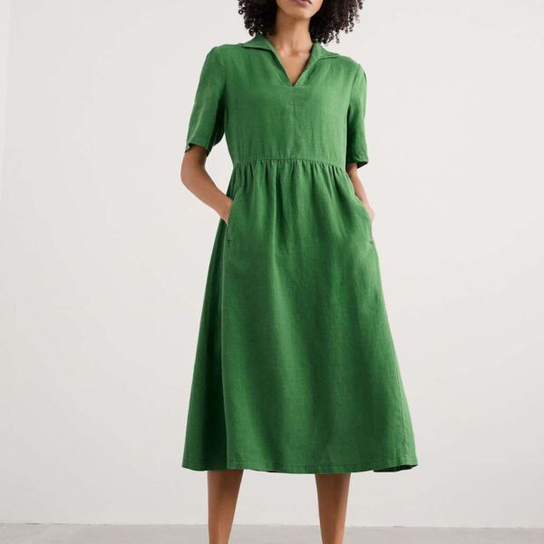 Seasalt Cornwall Women's Pure Linen Collared Midi Waisted Dress - 12REG - Green, Green