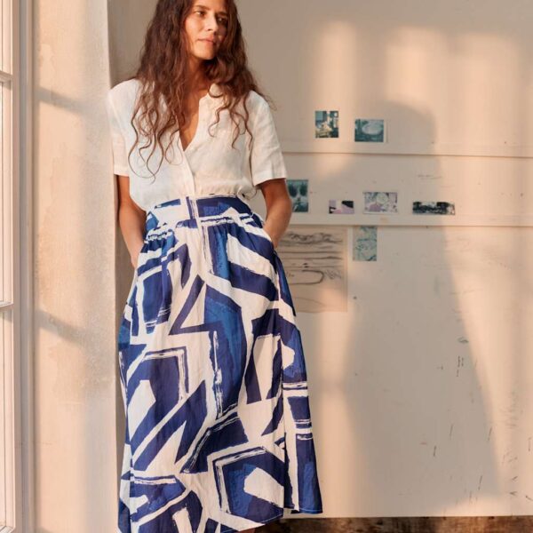 Seasalt Cornwall Women's Pure Cotton Printed Midi A-Line Skirt - 12 - Blue Mix, Blue Mix