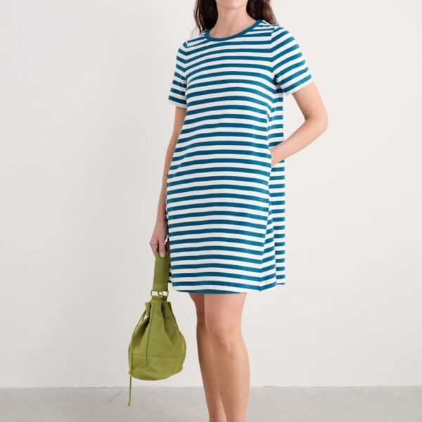 Seasalt Cornwall Women's Pure Cotton Striped T-Shirt Dress - 12REG - Teal Mix, Teal Mix