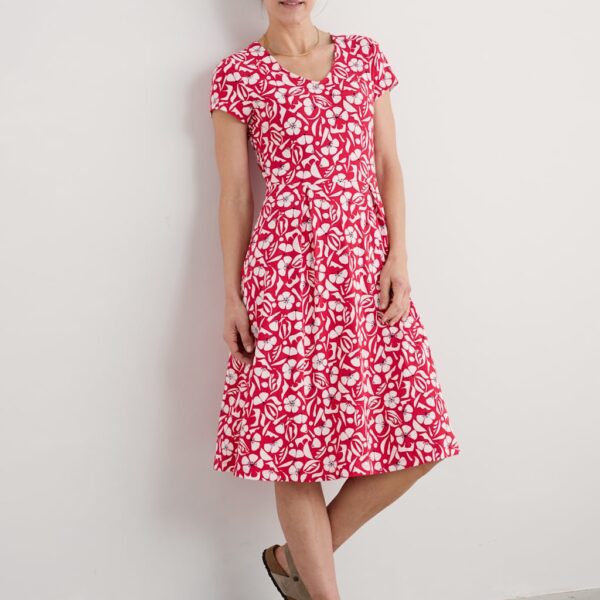 Seasalt Cornwall Women's Cotton Rich Floral V-Neck Midi Waisted Dress - 14LNG - Red Mix, Red Mix