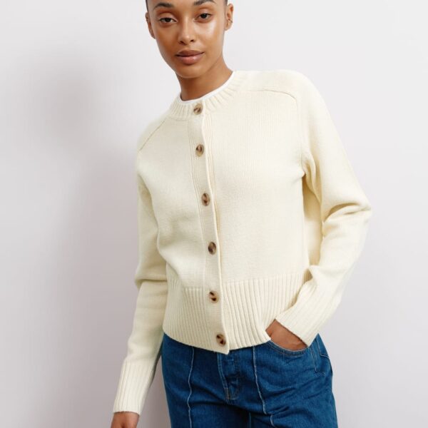 Albaray Women's Crew Neck Button Through Cardigan with Wool - 10 - Cream, Cream,Black