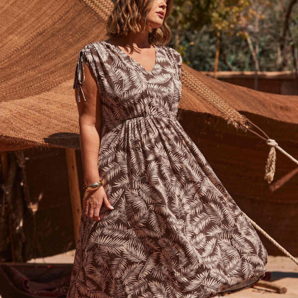 Live Unlimited London Women's Leaf Print Drawstring Sleeve Midi Tea Dress - 18REG - Brown Mix, Brown Mix