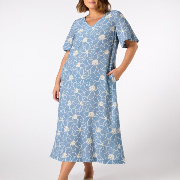 Live Unlimited London Women's Floral V-Neck Midi T-Shirt Dress - 18 - Blue Mix, Blue Mix