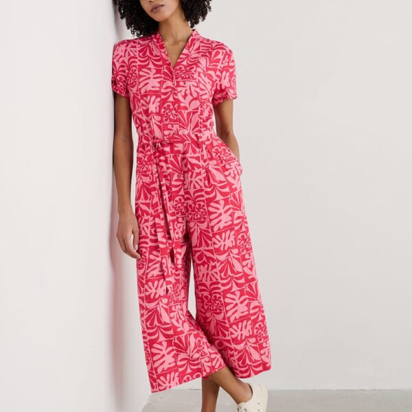 Seasalt Cornwall Women's Pure Linen Floral Belted Short Sleeve Jumpsuit - 14 - Pink Mix, Pink Mix